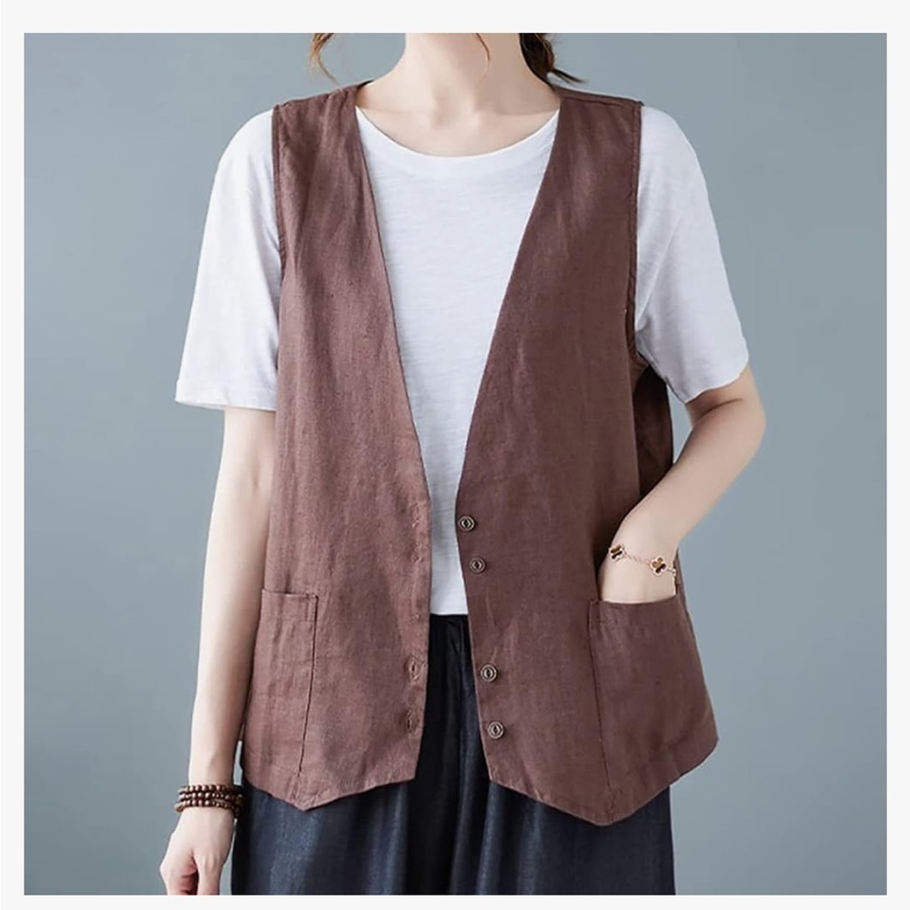 Brown cotton/ linen  Button-Up Vest